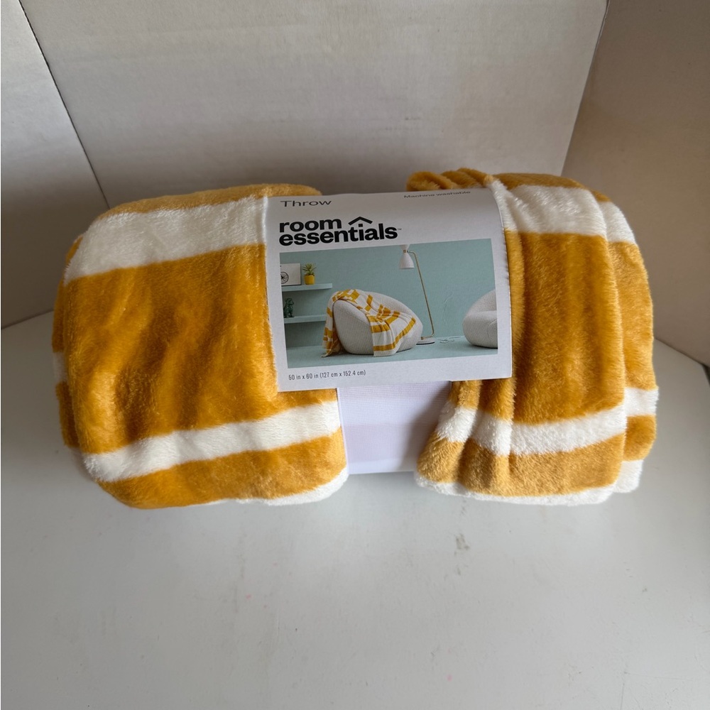 Room Essentials Yellow and White Striped Plush Throw